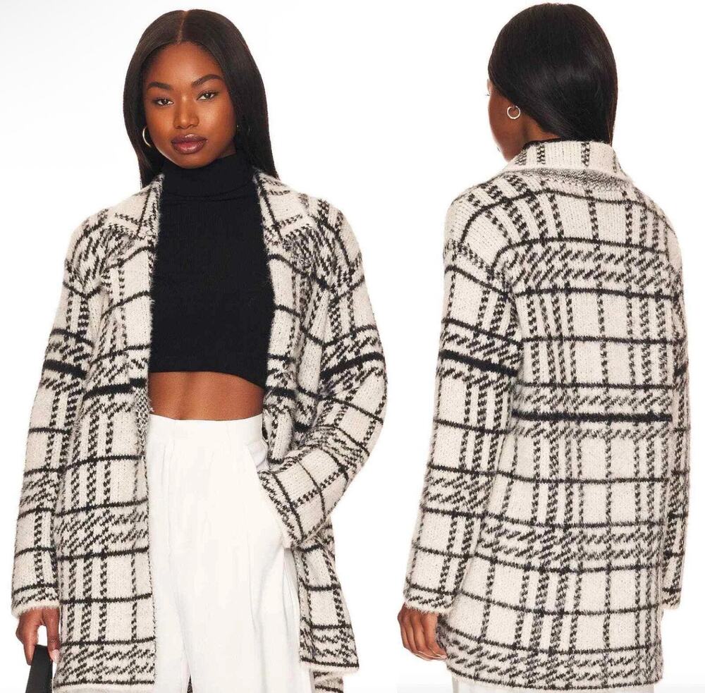 L*SPACE Stirling Sweater Coat in Plaid Ivory Black Women’s XL Cozy Quiet Luxury